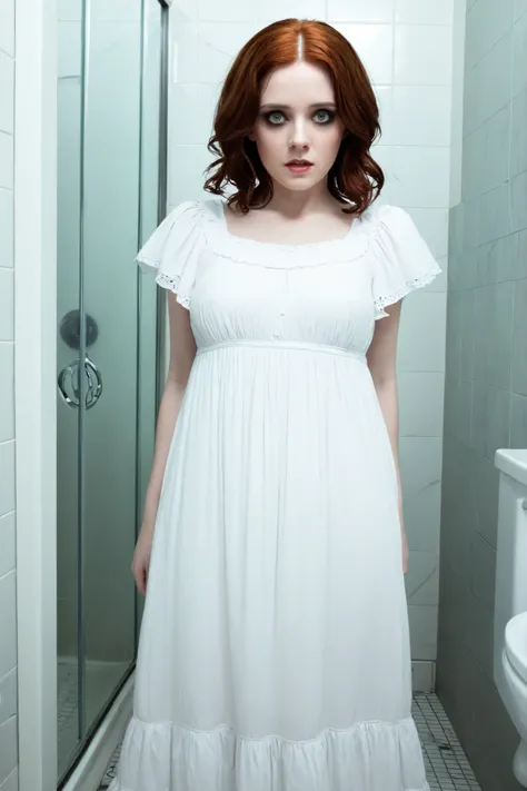 Real life pale ghost of dead Carmen Winstead looks at me in the bathroom wearing a white dress and looking at me