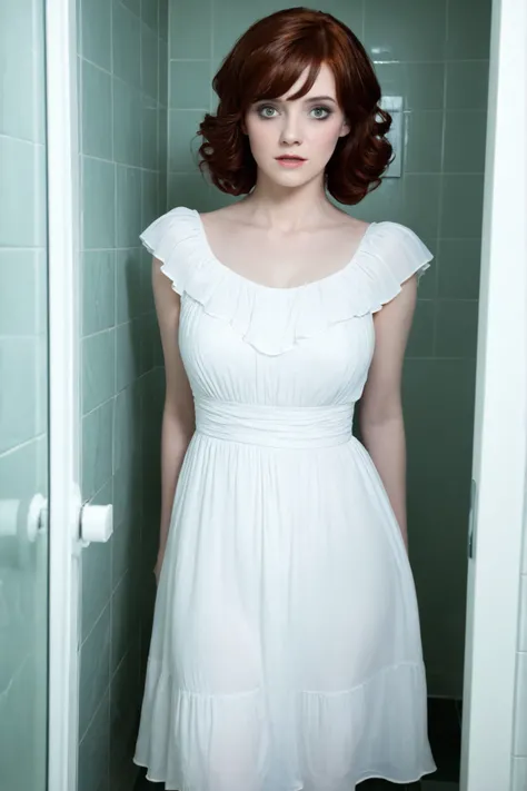 Real life pale ghost of dead Carmen Winstead looks at me in the bathroom wearing a white dress and looking at me