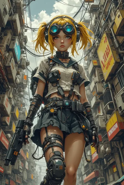 Cyberpunk steampunk art, kawaii schoolgirl, Goggle glasses on her forehead, armed with a machine gun, short-armed sailor uniform, mini skirt, Knee-high socks, thick-soled high-tech sneakers, Yellow hair in two ponytails, extreme perspective, low angle, Dut...