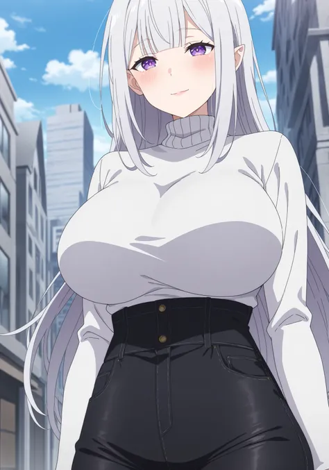 score_7_up, anime screencap, Solo, adult ReZero, long dress, Satella, 1girl, Anime, 1girl, Mature Female, pointy ears, blush, silver hair, long hair closed mouth, light smile, lips, purple eyes, Sexy, outdoors , front view detailed body, ( high waist jeans...