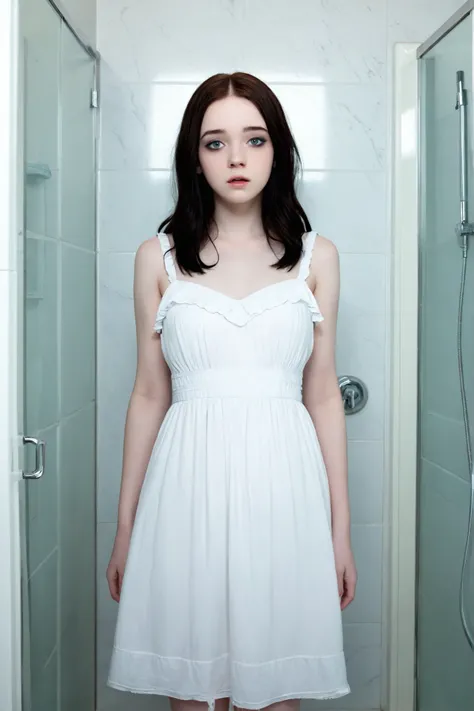 Real life pale ghost of dead 18 year old Carmen Winstead looks at me in the bathroom wearing a white dress and looking at me