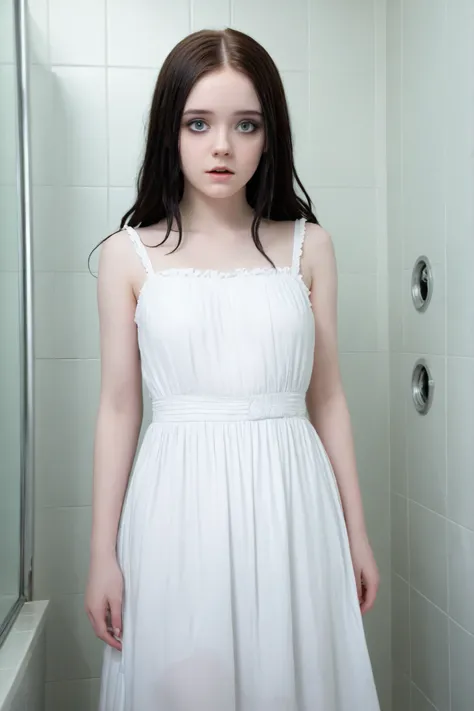 Real life pale ghost of dead 18 year old Carmen Winstead looks at me in the bathroom wearing a white dress and looking at me