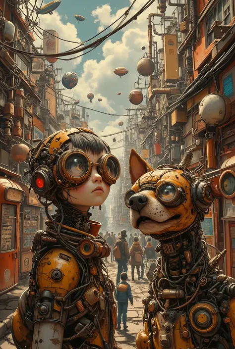 A bird's—eye view of a steampunk city street during the celebration of "Day without Glasses", detailed, intricate, in warm copper tones, in the foreground is a mechanic girl joyfully tossing her goggle glasses into the air, and next to a cyborg dog with an...