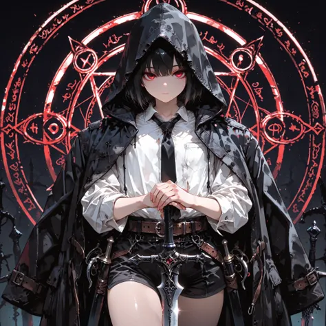 ((best quality)), ((masterpieces)), (detailed), perfect face, SOLO, ((((femboy)))), tomgirl, ANIME, beautiful detailed eyes, BOB hair, BOBed hair, BLACK hair, RED EYES, expressionless, hooded, Magical Eyes, dark background, ((BLACK HOODED coat draped over ...