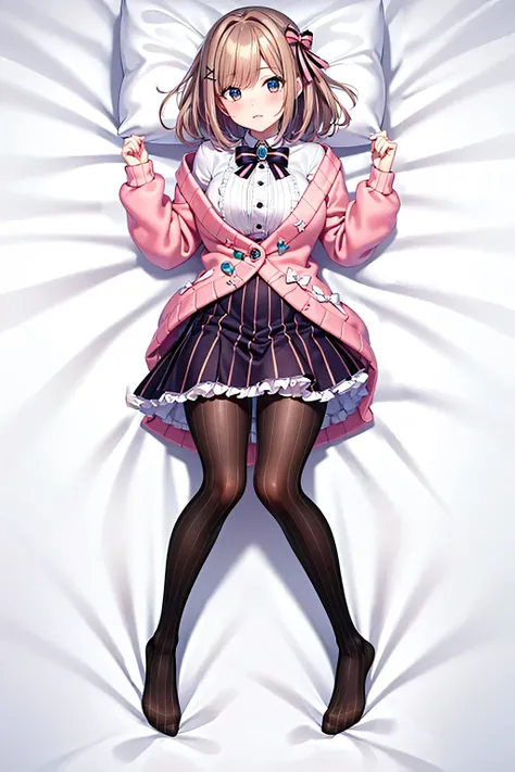 hmsl1, (1 person:1.5), Suzuhara Ruru, medium hair, pink bow, chest, jewelry, pink cardigan, brooch, white shirt, Vertical striped mini skirt, vertical striped pantyhose, embarrassing, Red cheeks, Seducing Men, white sheets, Lie on your back, Full Body, 8 h...