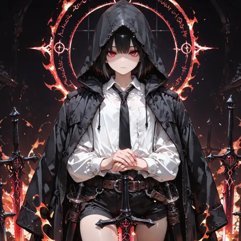 ((best quality)), ((masterpieces)), (detailed), perfect face, SOLO, ((((femboy)))), tomgirl, ANIME, beautiful detailed eyes, BOB hair, BOBed hair, BLACK hair, RED EYES, expressionless, hooded, Magical Eyes, dark background, ((BLACK HOODED coat draped over ...