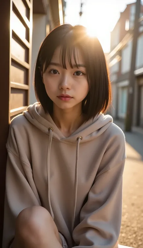 (8k), (best quality), RAW photo, (photo realistic:1.4), very detailed, cute, Very cute Japanese girl, without makeup, (very thin), ((short bob)) , bungs, kind smile, beautiful black hair shining golden in the setting sun, oversized hoodie, Sitting with yo...