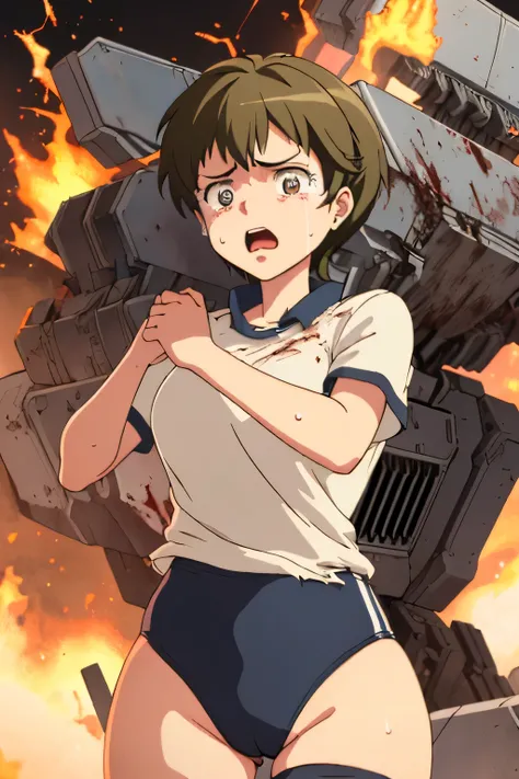 cockpit_explosion, fire, electricity, screaming, explosion, science fiction, wide-eyed, tearing clothes, standing, blood, scared, sweat, crying, mecha, torn clothes, tears, cockpit,1girl、wearing black gymnastics bloomers,high leg,white blouse,cowboy shot,s...
