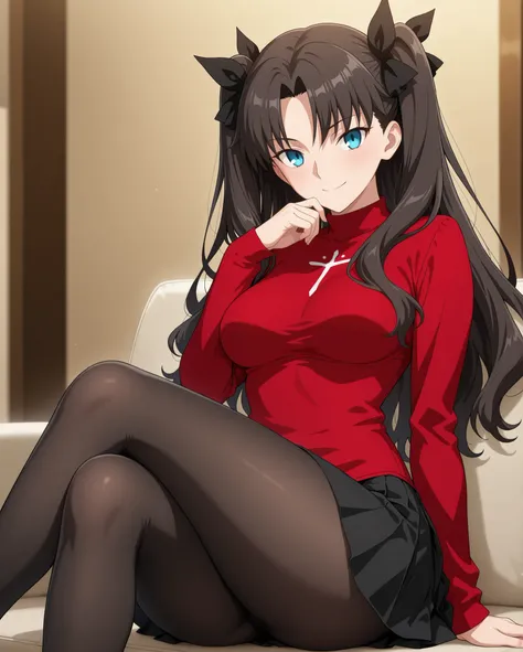 sitting on sofa, crossed legs, 
looking at viewer, happy, 
front side view, 

	Rin Tohsaka \Fate\, 
black hair, parted bangs, two side up, black ribbons, hair ribbon, 
blue eyes,

	Rin Tohsaka \Fate\ outfit,
Sweater, red sweater, long sleeves, 
Pleated ski...