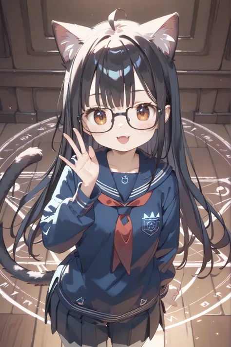 High Definition、High Quality、8k、4k、girl、Babyface、Cat ears、cat tail、、1 girl、Chuunibyou、Juvenile body、Babyface、big boobs、Cat ears、cat tail、sailor suit、dark haired、Gesture to remove black tabby glasses、Magic circle for eyes