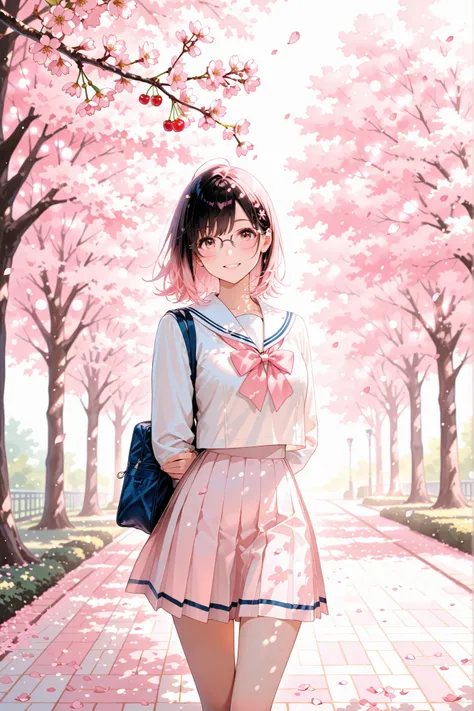 In a spring afternoon after school, a glasses girl stands on a cherry blossom tree-lined walkway. Usually quiet, today she has removed her glasses and holds the thin frames in one hand while smiling softly. The background is painted with a gradient of pale...