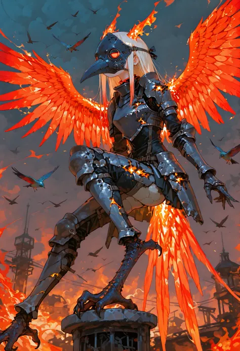 PhoenixGirl。Wings of Fire。Phoenix。 Burning 。Firebody、r17329_illu、lightweight armor。Flying、 bird foot、plague mask