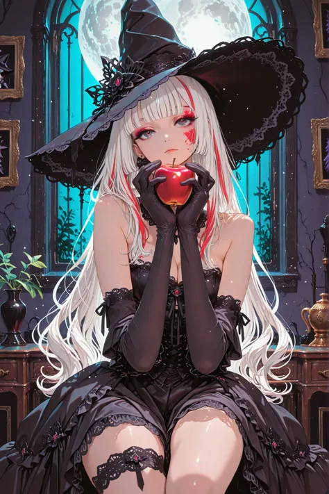 ARW,rich,beautiful woman, white-skinned, gothic witch, emotionless expression, dark gothic room, antique furniture, moonlight through window, full moon light on face and hair, dimly lit background, soft shadows, holding red apple with both hands, gazing at...