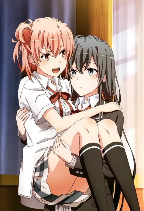 2girls,Yuri,holding,,,[assertive yukinoshita yukino,, black hair, blue eyes, hair ribbon,twins ribbon],, princess carry,,[submissive yuigahama yui,orange hair,short hair,orange eyes],, ,, girl carrying girl , school uniform 
