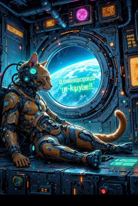 The gorgeous ginger cyber cat is an advanced animatronic with an amazing mix of organic and cybernetic parts (half-robot). He lies at the porthole, gazing into open space, surrounded by futuristic neon-lit interfaces. Behind him, a glowing neon sign reads:...