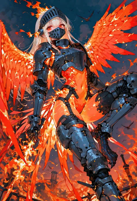 PhoenixGirl。Wings of Fire。Phoenix。 Burning 。firebody、r17329_illu、lightweight armor。Flying、 bird foot、Steel mouth mask、wears fire