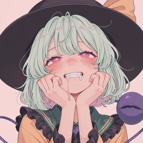 adults、solo、（Komeiji Koishi）、simple background、face up、Blush、drool、clench her teeth、pink eyes