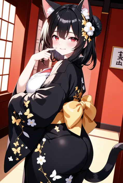Asian young female anime character in her early teens,I'm wearing a black kimono-style yukata with elaborate butterfly embroidery with gold thread,is big for shiny kimonos The gold belt is tied with a bow。Cat ears stand out and the dark black hair is bun h...