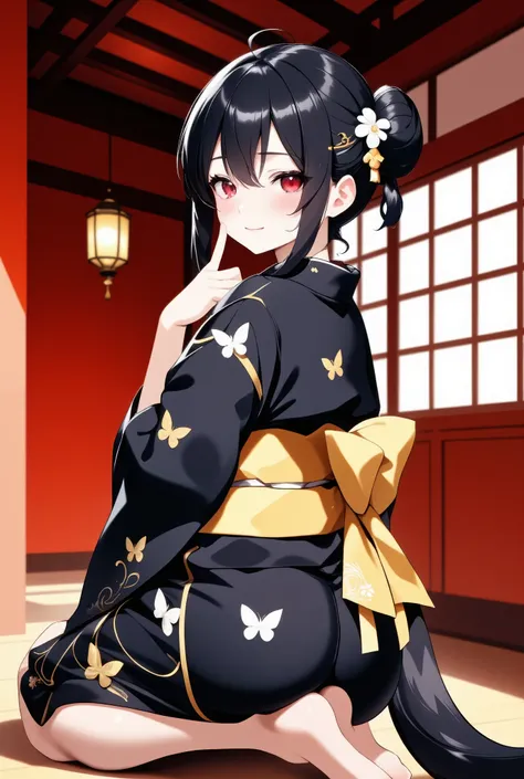 Asian young female anime character in her early teens,I'm wearing a black kimono-style yukata with elaborate butterfly embroidery with gold thread,is big for shiny kimonos The gold belt is tied with a bow。Cat ears stand out and the dark black hair is bun h...