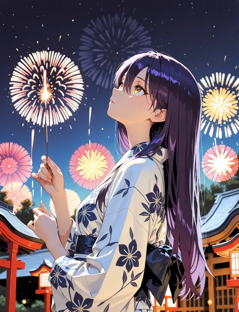 1girl, Nyann, long hair, yellow eyes, dark purple hair, hair between eyes,yukata,depth of field, fake traditional media, Picturesque, Impressionism, masterpiece, high score,  Great score , very high resolution highlights (masterpiece) 、 (Best Quality)) 、 (...