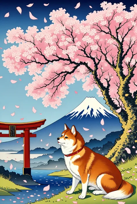 A traditional Japanese ukiyo-e style illustration of a Shiba Inu sitting calmly under full-bloom cherry blossoms, with Mount Fuji in the background. The scene is set in spring with soft pink petals falling, a serene river flowing nearby, and a peaceful atm...