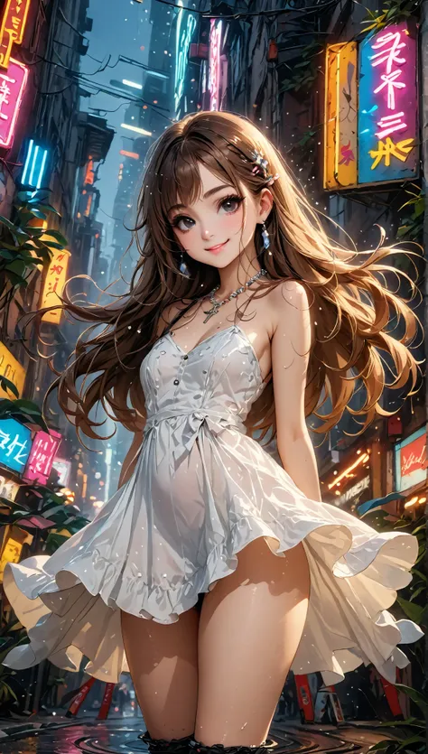 (masterpiece, best quality), (photo realistic, ultra detailed, realistic skin), (ultra-high res, 8k, very aesthetic, absurdness) BREAK 1 girl, Fair-skinned, blush, brown hair, black eyes, (large breast:0.5), smile, Swaying her hips, Whores attire, sexy bod...