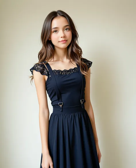 0HD image quality、 True、Valuable、Artistic、 Superb 、 pretty girl、fashion blockbuster、ht、upper body、front、standing、Clean background，Blues、wearing a stylish black suspender dress