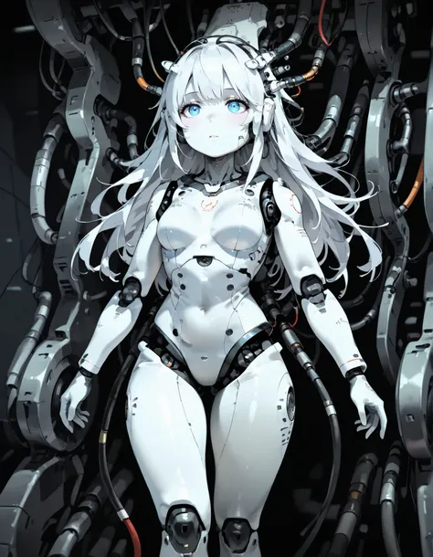 1girl, solo, white hair, long hair, android, cable, Machinery Parts, blue eyes, white skin, white bodysuit, Adjutant, robot, front shots, thighs,