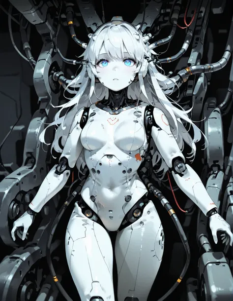 1girl, solo, white hair, long hair, android, cable, Machinery Parts, blue eyes, white skin, white bodysuit, Adjutant, robot, front shots, thighs,