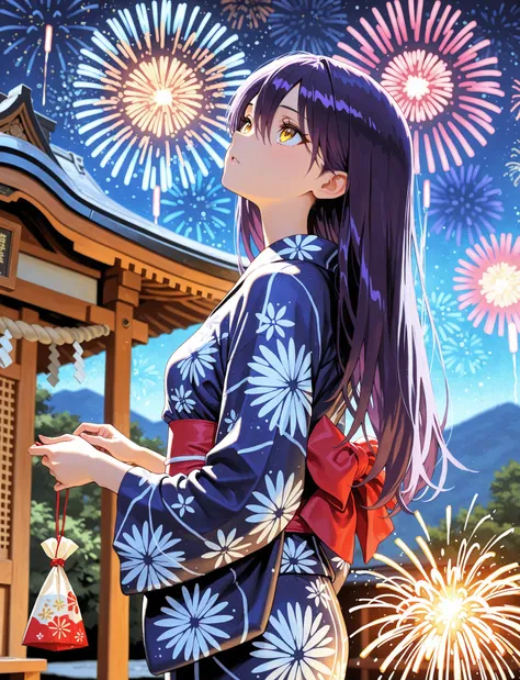 1girl, Nyann, long hair, yellow eyes, dark purple hair, hair between eyes,yukata,depth of field, fake traditional media, Picturesque, Impressionism, masterpiece, high score,  Great score , very high resolution highlights (masterpiece) 、 (Best Quality)) 、 (...