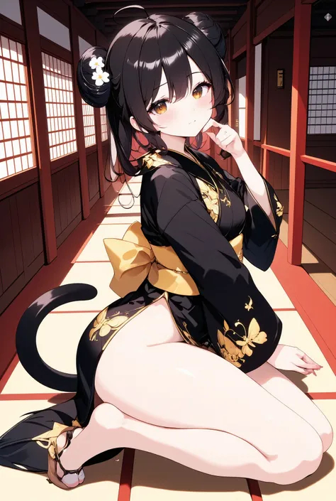Asian young female anime character in her early teens,I'm wearing a black kimono-style yukata with elaborate butterfly embroidery with gold thread,is big for shiny kimonos The gold belt is tied with a bow。Cat ears stand out and the dark black hair is bun h...