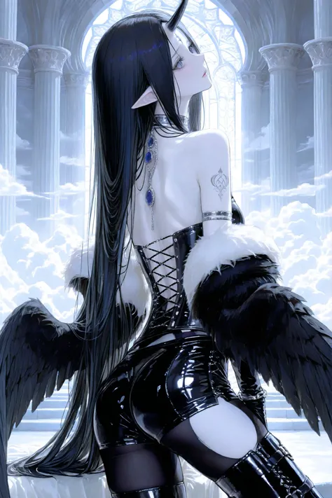 The girl is a fallen Seraph. Her long straight hair is jet black, highlighted with white strands,half bangs ower her eyes. her eyes are dark black with white crosses pupils.  She has black-grey skin and pointed ears. on her skin she has a tattoo of the sil...