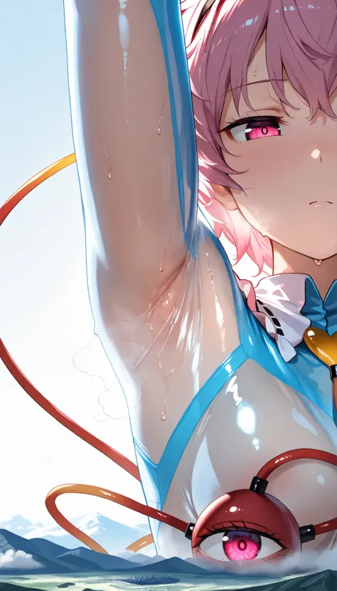 (masterpiece, Highest quality, Ultra-high resolution), 1girl, Komeiji Satori, pink hair, short hair, pink eyes, Headband, (transparent bodysuits), The clothes fit perfectly, Glossiness, shiny, Sweat, Stuffy, steamy, Glossiness, backlight, glistening skin, ...