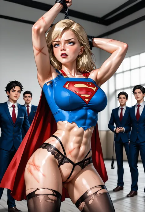 (((Superheroína Supergirl sexy milf, corpo todo sujo, Body full of bruises,  cabelo loiro, cabelo longo))), ((Superheroine Supergirl)), Melhor qualidade, incredible quality, (luz roxa acima:1.2), adult female, very aesthetic, intricate details, depth of fi...