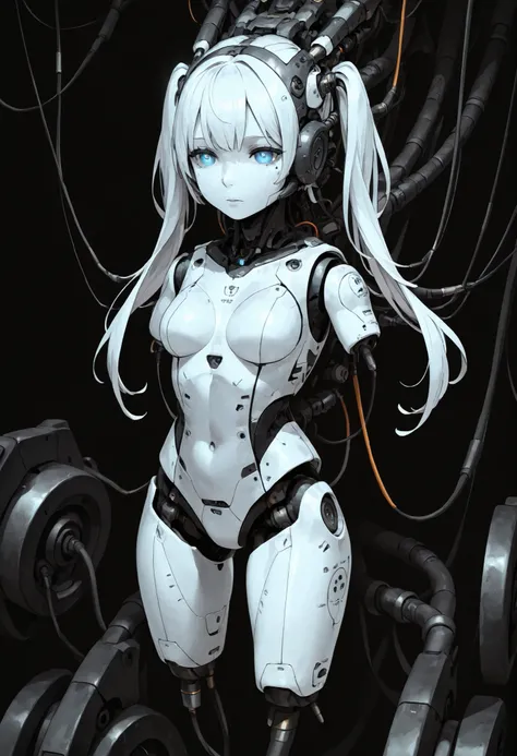 1girl, solo, white hair, long hair, twintails hair, android, cable, Machinery Parts, blue eyes, white skin, white bodysuit, Adjutant, robot, front shots, thighs, amputee arms, amputee legs, 