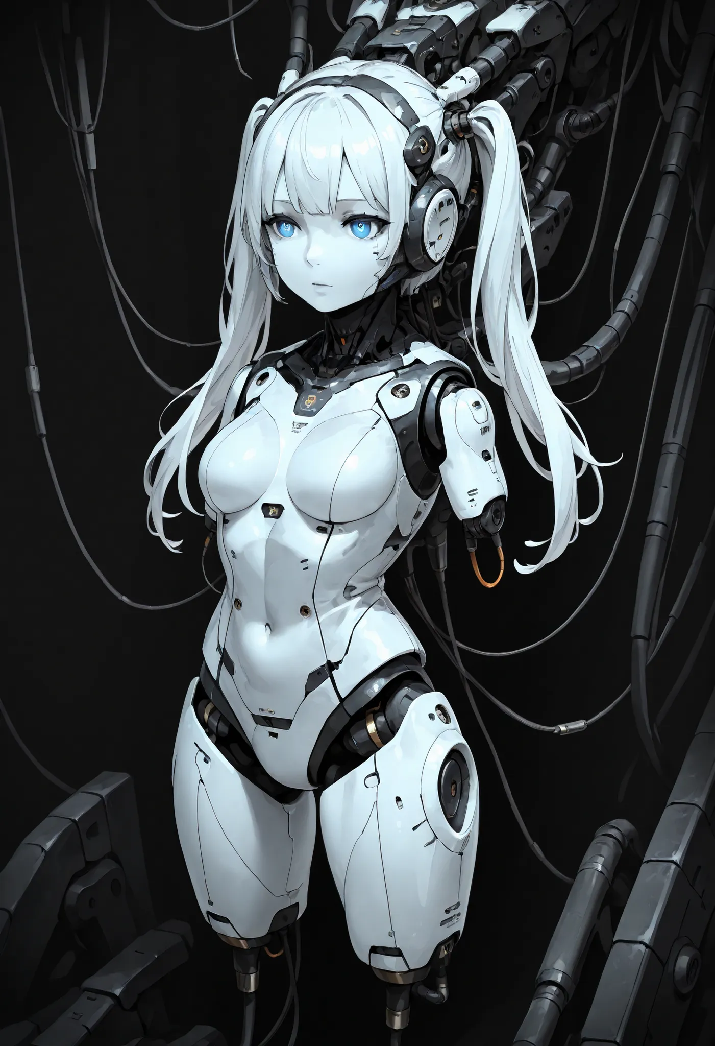 1girl, solo, white hair, long hair, twintails hair, android, cable, Machinery Parts, blue eyes, white skin, white bodysuit, Adjutant, robot, front shots, thighs, amputee arms, amputee legs, 