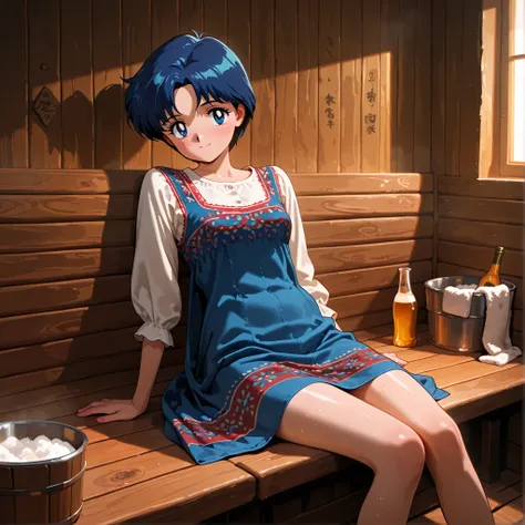masterpiece, amazing quality, best quality, ultra-detailed, 8K, illustration, clear skin, ultra-detailed-eyes, soft skin, very awa, very as2, soft body, 1990s \(style\), official art, ami mizuno, blue eyes, blue hair, short hair, parted bangs, small breast...