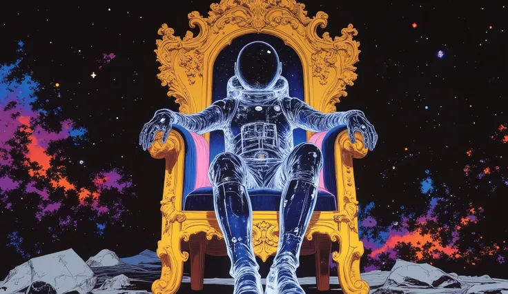 Transparent glass knight astronaut figure sitting in ornate baroque golden chair, cosmic starfield visible through body, crystal clear material, space nebula reflections, surreal digital art, photorealistic 3D render, dramatic lighting, deep space backgrou...
