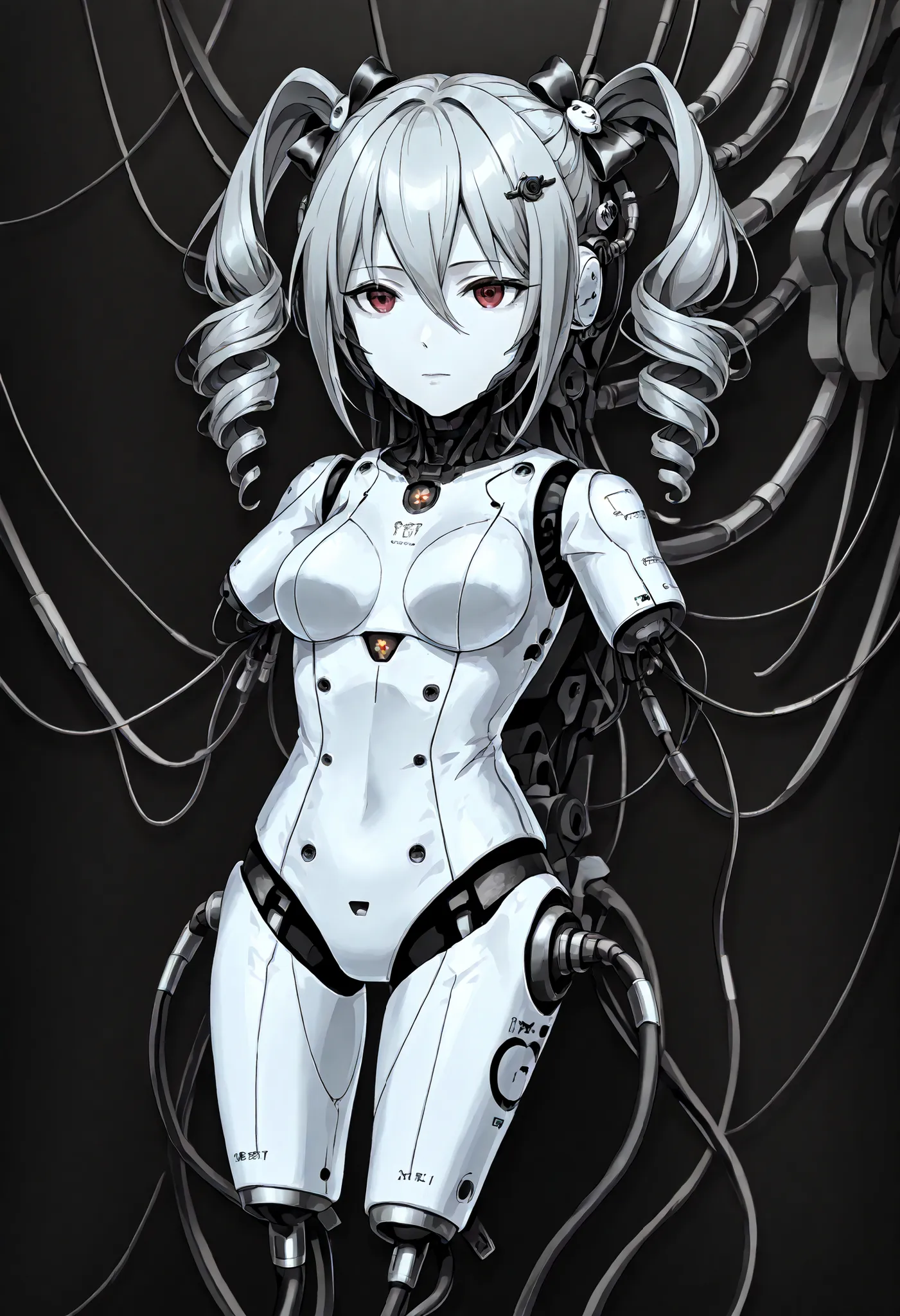 1girl, solo, grey hair, long hair, twintails hair, android, cable, Machinery Parts, white skin, white bodysuit, Adjutant, robot, front shots, thighs, amputee arms, amputee legs, knzkrnk, drill hair, twin drills, bangs, hair between eyes, hair ornament, hai...