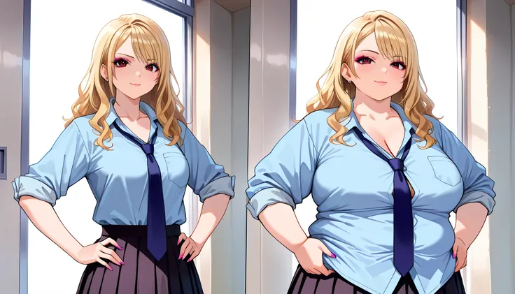 HDR, 8K, high contrast, masterpiece, best quality, amazing quality, very aesthetic, high resolution, ultra-detailed, absurdres, realistic, newest, scenery, (1girl:1.2), (solo:1.2), before and after weight gain sequence of young schoolgirl, ((school uniform...