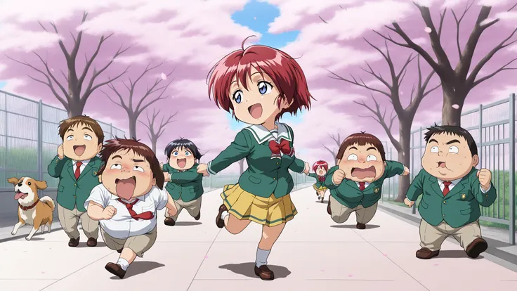 Hinomoto_Hikari, red hair, short hair, blue eyes, (busty:1.2), bangs,high resolution, Super Detailed,very aesthetic,top quality,masterpiece,(chibi:1.2),high contrast,In front of the school gate with cherry blossoms fluttering,distant shot, character as par...