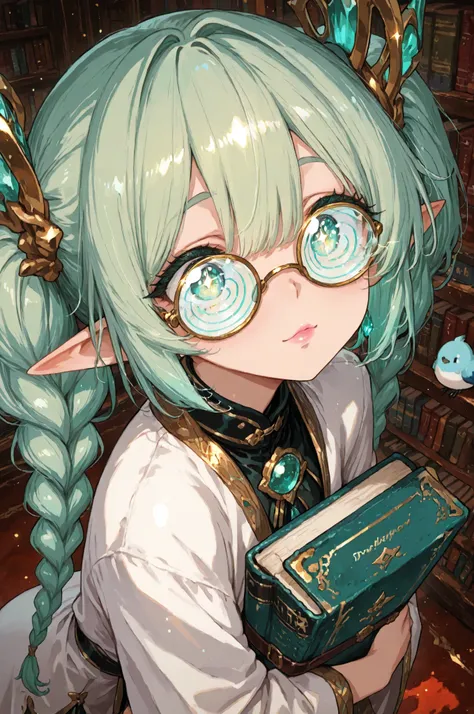 spiral glasses, Masterpiece, best quality, amazing quality, highres, absurdly beautiful fantasy art. A female librarian dressed in a pure white robe. The woman has shiny green hair braided into twin tails. The woman wears large, clunky coke-bottle glasses which have slipped down to reveal a small glimpse of her most beautiful, sparkling eyes, framed by long eyelashes. The woman is carrying a stack of books in both hands. The woman's very soft, pink lips are slightly parted. An ancient library bathed in soft light. The ancient library contains countless books stored on its shelves. A bird's-eye view. The woman is looking diagonally upwards.