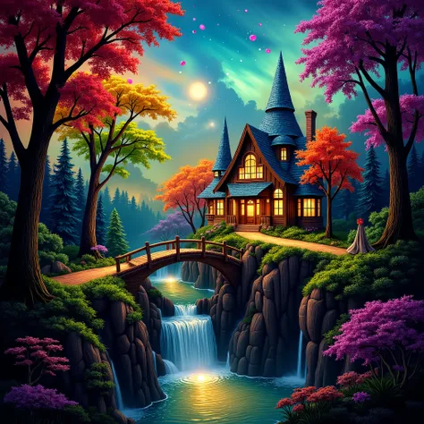 Nestled in an enchanting, fairy-tale forest is a whimsical house with tall, pointy roofs and warm, glowing windows suggesting a cozy interior. The sky above, a vibrant aurora of swirling colors, casts an ethereal glow over the landscape. Trees with thick, ...