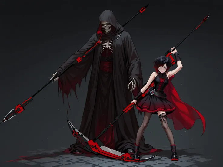 RWBY, RubyR0se, 1girl, black hair, red hair, two tone hair, silver eyes, red sleeveless dress, bare shoulders, black shoes, black ribbon, holding scythe, talking to Death, grim reaper, realistic human skeleton warring a dark robe, comparing scythes, (Death...