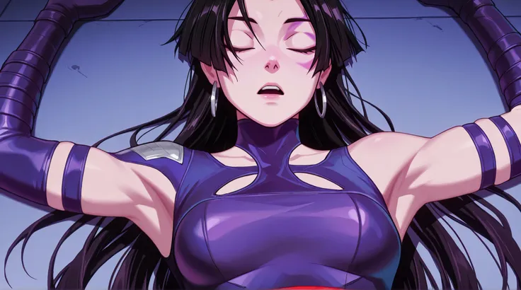masterpiece, best quality, amazing quality, anime screencap, anime coloring, 1girl, solo, psylocke_vengeance, blue eyes, black hair, straight hair, long hair, hoop earrings, jewelry, purple leotard, clothing cutout, purple gloves, elbow gloves, Raise arms ...