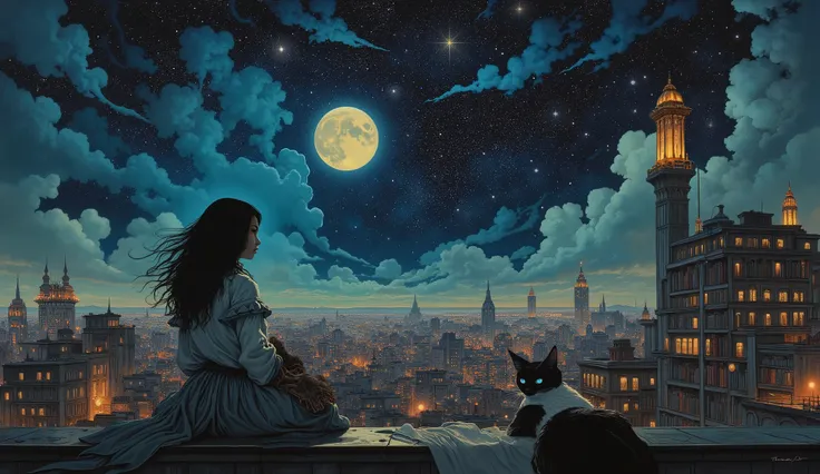  unique , Rooftop of a city, City, 　starry sky, halo,   , moon，， , long black hair in the library, ((Baltolome Style)),  darkness，SF, ((top quality, masterpiece)), (More Rights  , 高details),  8,000，canvas oil painting
 Her skin has a soft glow,  Extraordin...