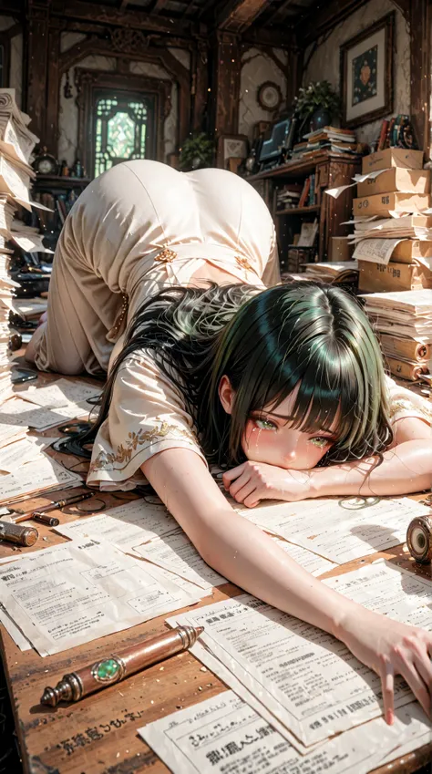 Dynamic perspective angle shot, A digital art image shows the girl crying on work table, long black hair, beautiful skin, bright green eyes, crying. paper works pile up, work load, She has too much work and too much debt . Papers .She wears a formal noble ...
