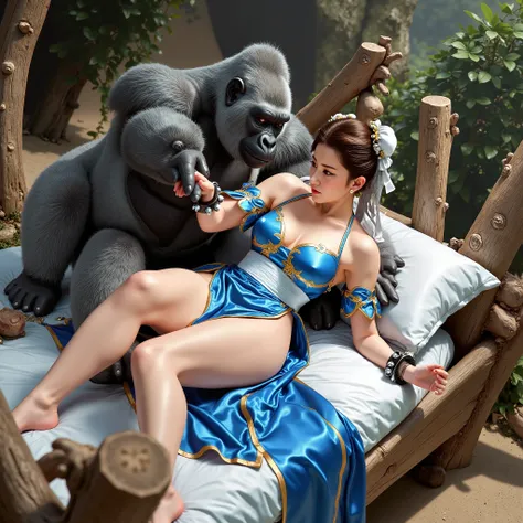 Naked Chun-li left the unopened cheongsam，lying on a silver-backed gorilla. the gorilla rubbed Chun-li's huge breasts. On a rough bed made of cave tree trunks