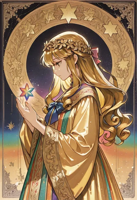 A girl with curly golden hair,to look down at the camera,Profile,侧身Bow your head,Bow your head站立在教堂花窗前祈祷,Dazzling,Holy Light,Middle Eastern clothing,Bow your head,Colorful,night。