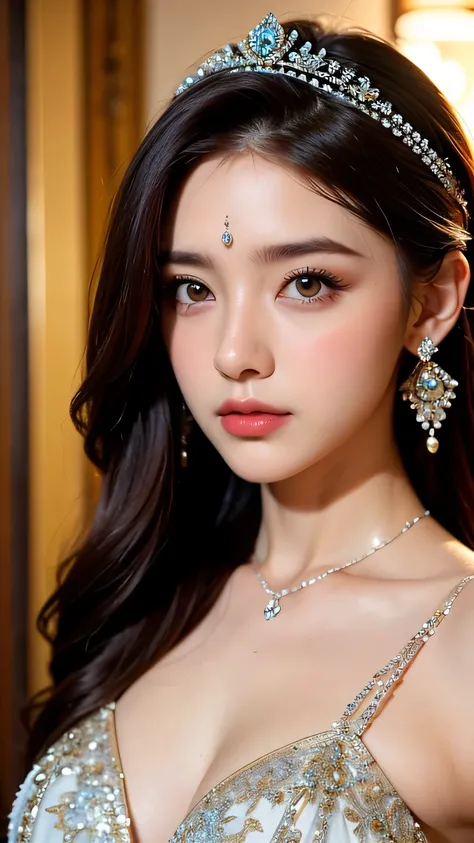 Beautiful majestic queen, staring at viewer, realistic, wear royal dress with intricate details, noble vibes, bokeh